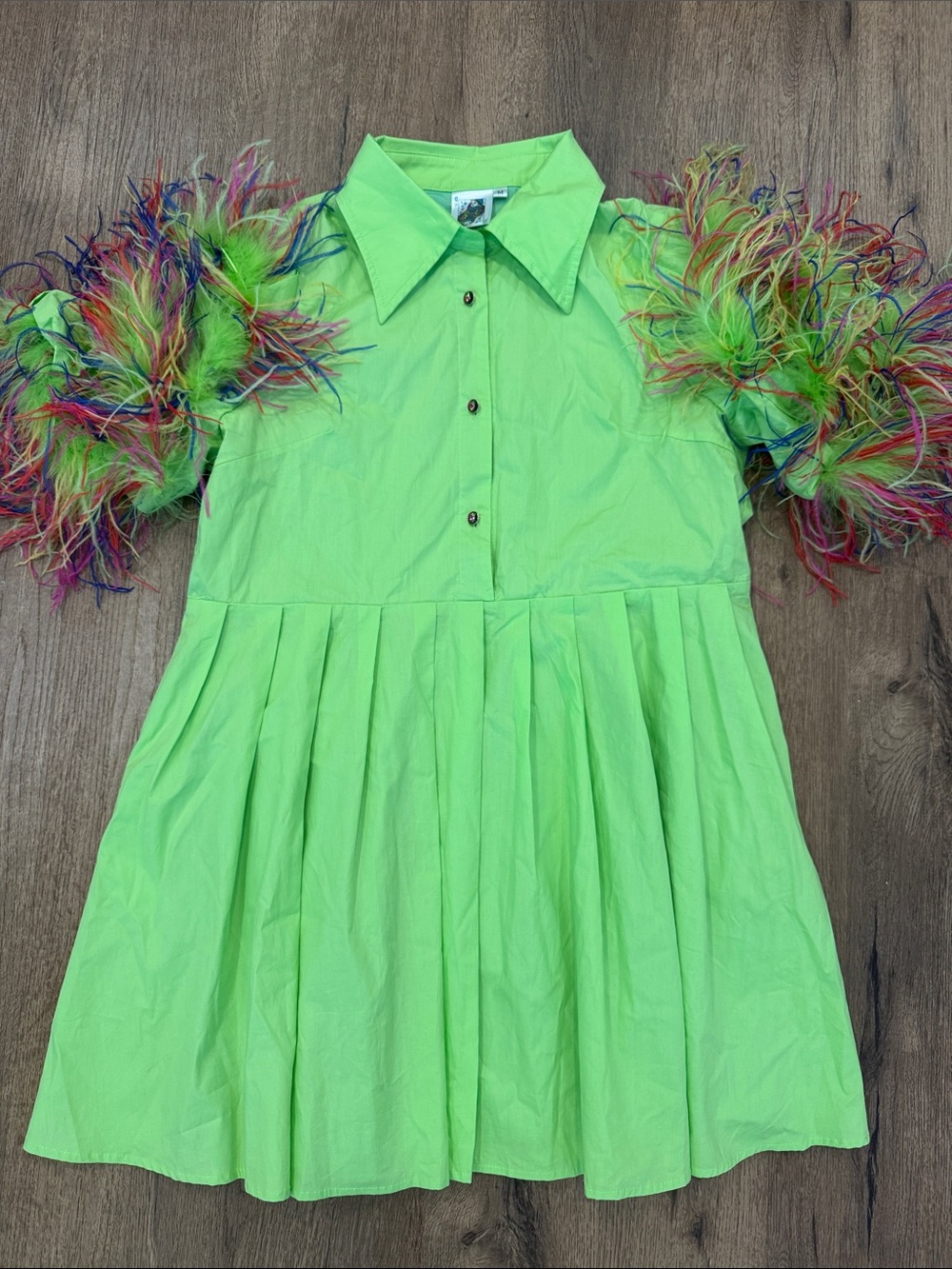 QUEEN OF SPARKLES Neon Green Pleated Mini Dress with Multicolor Feather Sleeves